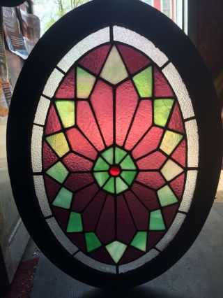 RARE Antique Oval Stained Glass Window Victorian Home Architectural 32” x 22” 9