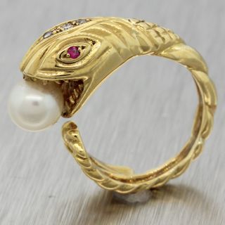 Vintage Ilias Lalaounis 18k Yellow Gold Diamond Pearl Ruby Snake Serpent Ring