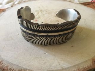 Heavy Vintage Navajo Sterling Silver Feather Motif Cuff Bracelet Emerson Bill