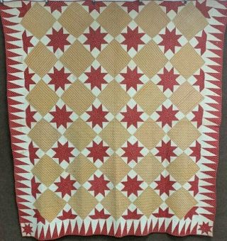 44 Early Americana Stars C 1840s Turkey Red Antique Quilt Framed