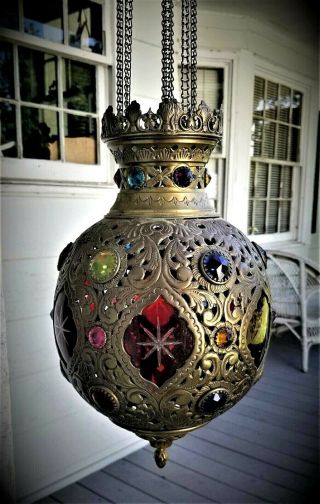 Pulldown Jewel Candle Lamp,  Lantern,  Rococo,  Moorish,  Brass,  Ruby Cut Glass,  1890