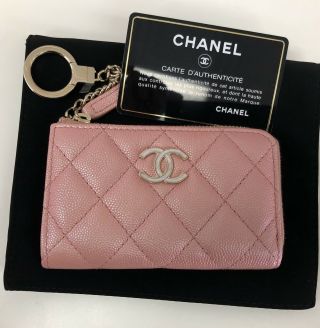 Stunning Rare Chanel Iridescent Pink Caviar 19s Key Card Coin Cash O Case Lghw