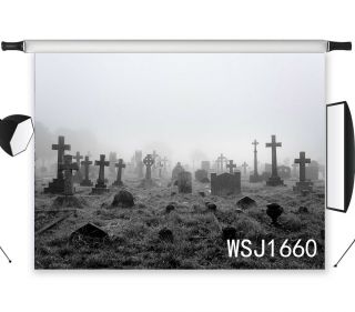 20x10FT Vinyl Studio Backdrop Spooky Foggy Ancient Cemetery Halloween Background 2