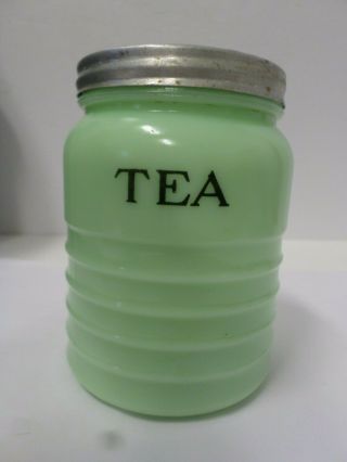 Vintage Jadite Jadeite Glass Tea Jar Canister 2115 - 6 Ribbed With Lid