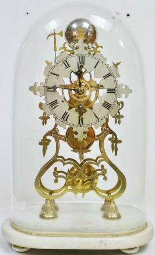 Antique English Skeleton Mantel Clock 8 Day Single Fusee Strike Orig Glass Dome