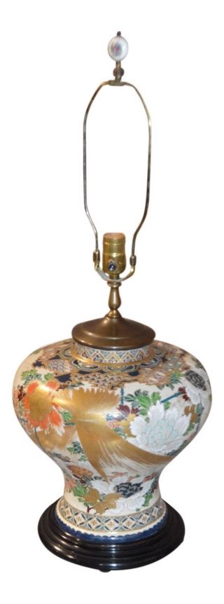 Vintage Asian Style Porcelain Lamp On A Black Wood Base