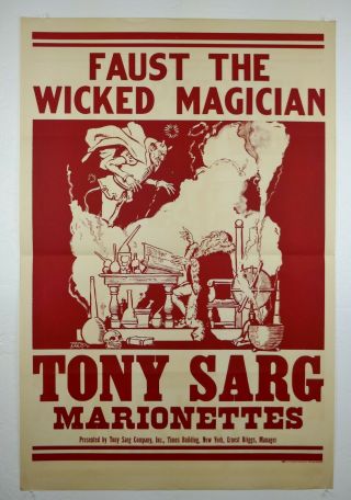 28 " X42 " Vtg 1934 Tony Sarg Marionettes Faust The Wicked Magician Poster