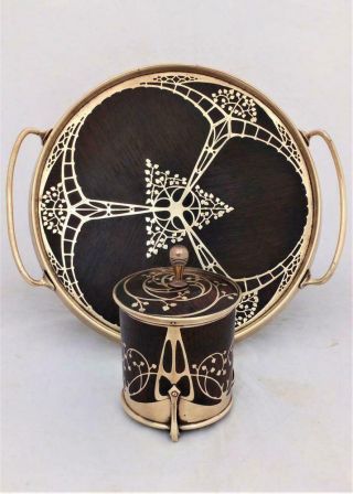 Art Nouveau Wood And Brass Inlaid Tray And Tobacco Jar Erhard & Söhne Jugendstil
