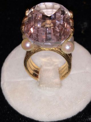 Antique,  Vintage 14k Gold Light Pink Quartz Central Stone,  Side Pearls Ladies Ring