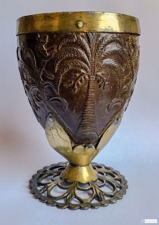 18th C Colonial Silver Mounted Carved Coconut Cup Coco Chocolatero South America 3