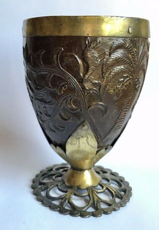 18th C Colonial Silver Mounted Carved Coconut Cup Coco Chocolatero South America 5