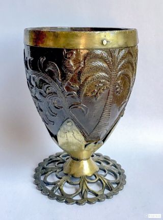 18th C Colonial Silver Mounted Carved Coconut Cup Coco Chocolatero South America 6
