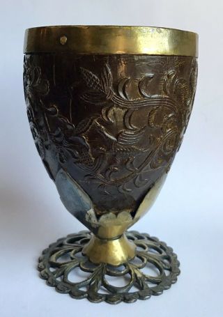 18th C Colonial Silver Mounted Carved Coconut Cup Coco Chocolatero South America 8