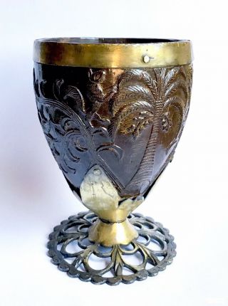 18th C Colonial Silver Mounted Carved Coconut Cup Coco Chocolatero South America 9