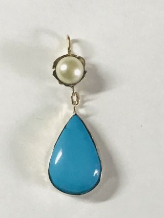 Vintage Antique Persian Natural 14.  5 Ct Turquoise 23.  5x15mm Pendant,  8mm Pearl