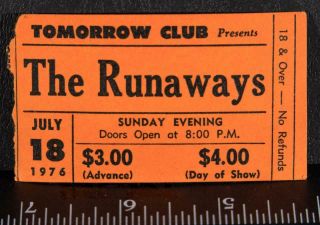 Vintage The Runaways Ticket Stub July 18 1976 Youngstown Tomorrow Club Tob
