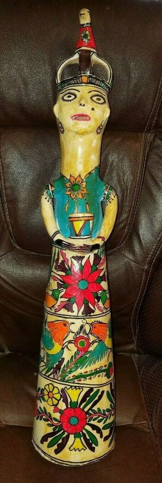 Vintage Mexican Folk Art Pottery Hand Painted Goddess Candle Holder 25 1/2 "