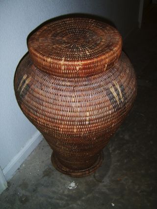 Large Old Antique/vintage Hand Woven 25 " X 15 " Decorated Coil Basket With Lid