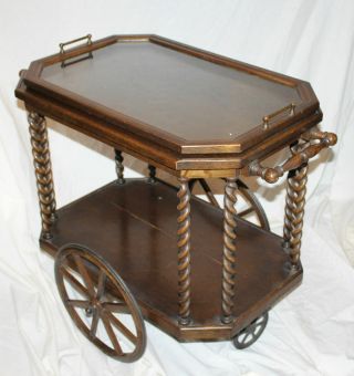 Antique Fancy Oak Tea Cart With Removable Serving Tray