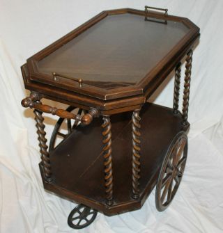 Antique Fancy Oak Tea Cart with Removable Serving tray 2