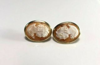 Vintage 14k Yellow Gold Oval Pink Cameo Omega Back Earrings