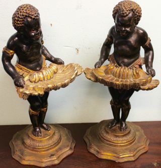 Gorgeous Rare Pair Antique Blackamore Statues Italian Carved Wood Blackamoor