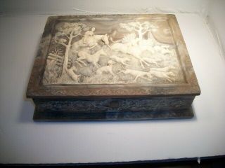 Vintage Incolay Carved Stone Jewelry Trinket Box Hound Dogs Fox Hunt Horses