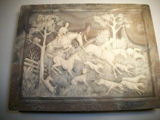 Vintage Incolay Carved Stone Jewelry Trinket Box Hound Dogs Fox Hunt Horses 2