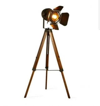 Vintage Tripod Floor Lamp Nautical Retro Spotlight Industrial Decor Wooden Light