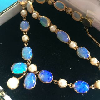 Fabulous Rare Vintage 9ct Gold Opal And Pearl Necklace And Bracelet Set 1950 