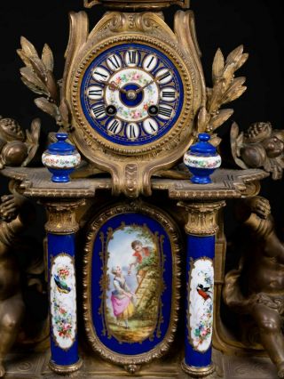 FRENCH BRONZE Porcelain Mantle CLOCK CHERUB Putti Angels 19th century 5