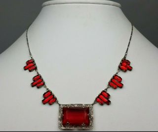 Vintage Art Deco Czech Ruby Red Vauxhall Mirror Glass Necklace Sterling Chain 17