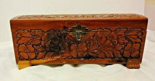Vintage Early 20th Century Hand Carved Wooden Box Floral Design Mirrored Lid