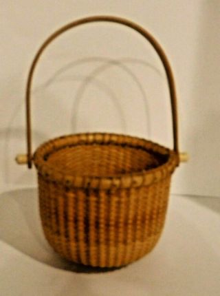Vintage Small Nantucket Basket With Swing Handle Hand Crafted Authentic 4 1/2 " D