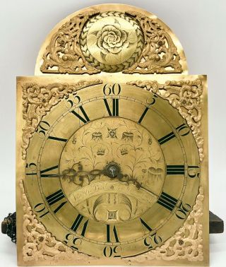 Antique Grandfather Longcase Clock Joseph Badman Movement Gold Brass Dial 1700’s
