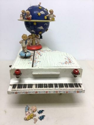 Vintage Thorens White Piano Music Box Planet With Moving Angels,