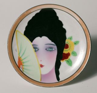 Rare Vintage Art Deco Noritake Small Plate - Portrait Of Lady " Green Eyes " W/fan