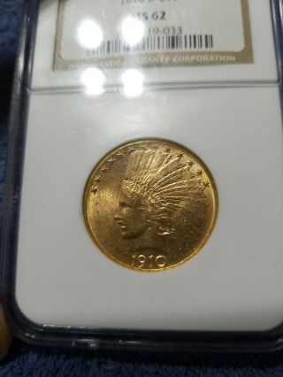 Rare 1910 $10 Gold Indian Head Coin Ms62