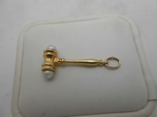 Vintage 14k Solid Yellow Gold Double Pearl Gavel Judge Justice Pendant Charm