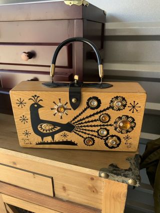 1967`s Enid Collins Box Purse Jewel Peacock Handbag 8 1/2 By 4 By 2