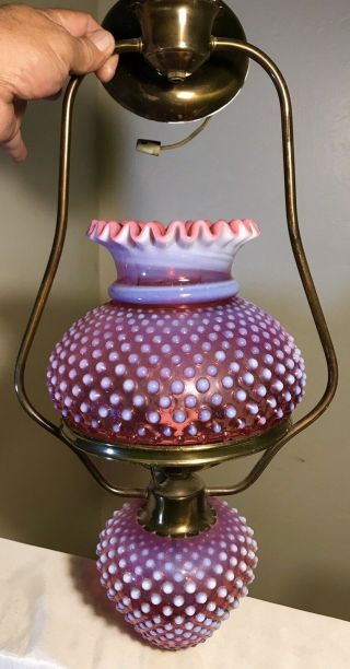 Vintage Fenton Glass Hanging Lamp Cranberry Opalescent Hobnail All
