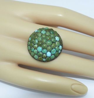 Antique Victorian Pave Set Natural Turquoise Silver Domed Round Brooch Pin Green