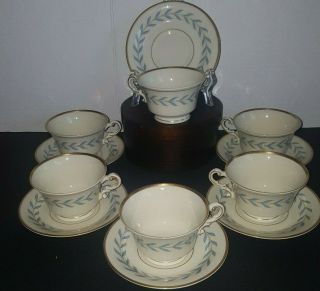 Vintage Syracuse China Old Ivory Sherwood Blue Laurel (6) Footed Cups & Saucers