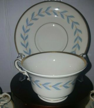 VINTAGE SYRACUSE CHINA OLD IVORY SHERWOOD BLUE LAUREL (6) FOOTED CUPS & SAUCERS 2