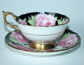 Aynsley Black Cabbage Rose Tea Cup and Saucer Pattern C926 Rare Circa 1930 ' s 2