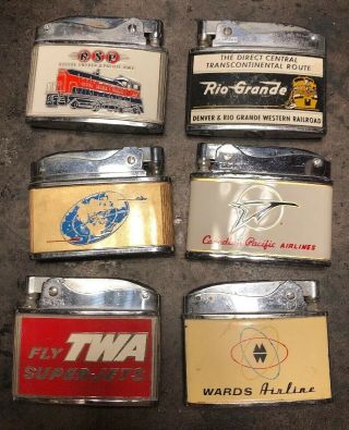6 Vintage Cigarette Advertising Flat Lighters Railways And Airlines.
