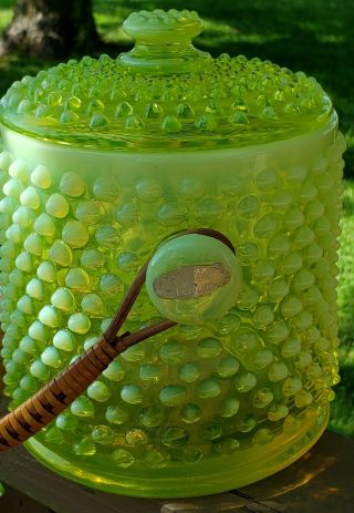 RARE Vintage Fenton Hobnail Topaz Opalescent Covered Cookie Jar Vaseline 389TO 2