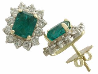 Vintage 3.  15 Tcw Emerald And Diamond 14k Yellow Gold Over Cluster Earrings