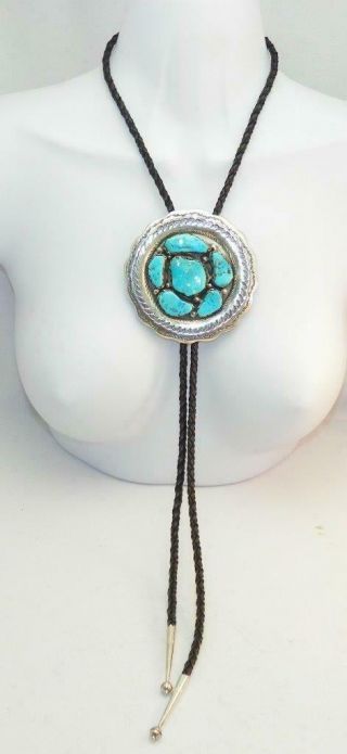 Large Vintage Navajo Sterling Silver Sleeping Beauty Turquoise Bolo Tie