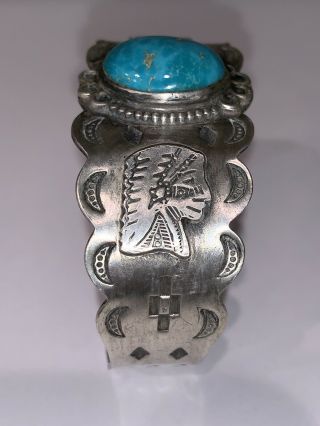 Vintage Navajo Sterling Silver & Blue Turquoise Bracelet Bangle
